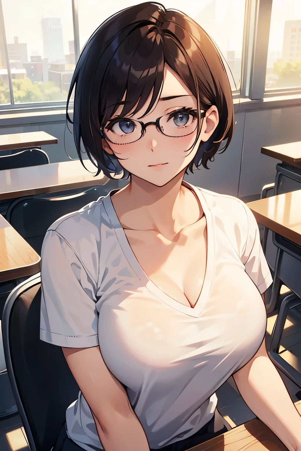 University、campus、Beauty、Upper body、sit down、During class。short hair、meaty、Glamour、V-neck shirt、I can see your chest、Glasses、big breasts、face forward