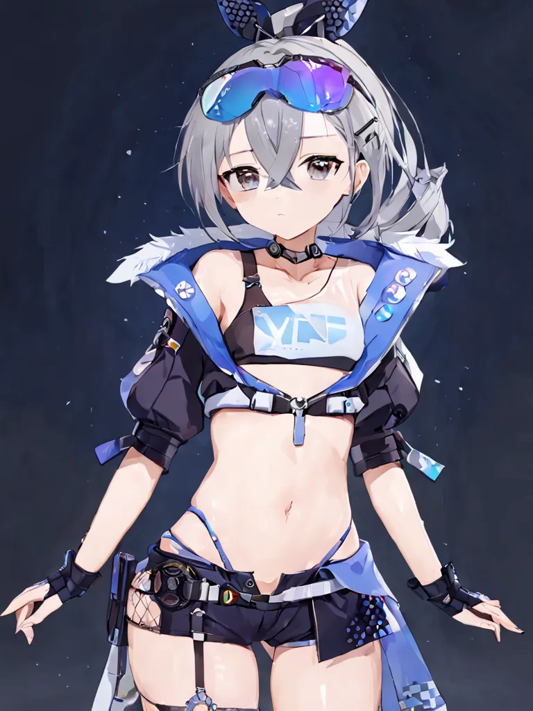 yinglang girl,gray eyes,goggles,navel,special clothing,masterpiece, best quality,