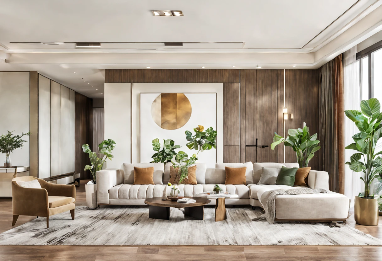 Lao Chen, Interior, Living Room, Light Luxury Style, couch, curtains, indoors, window, carpet, potted plant, wooden floor