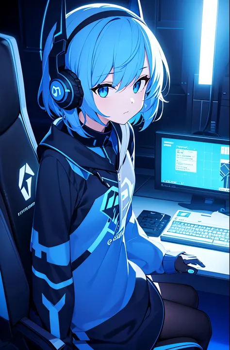 gamer, headset, 1girl, normal hands, beatiful ilustraton, masterpiece, leds, blue colors, short hair, looking the screen, gamer ...