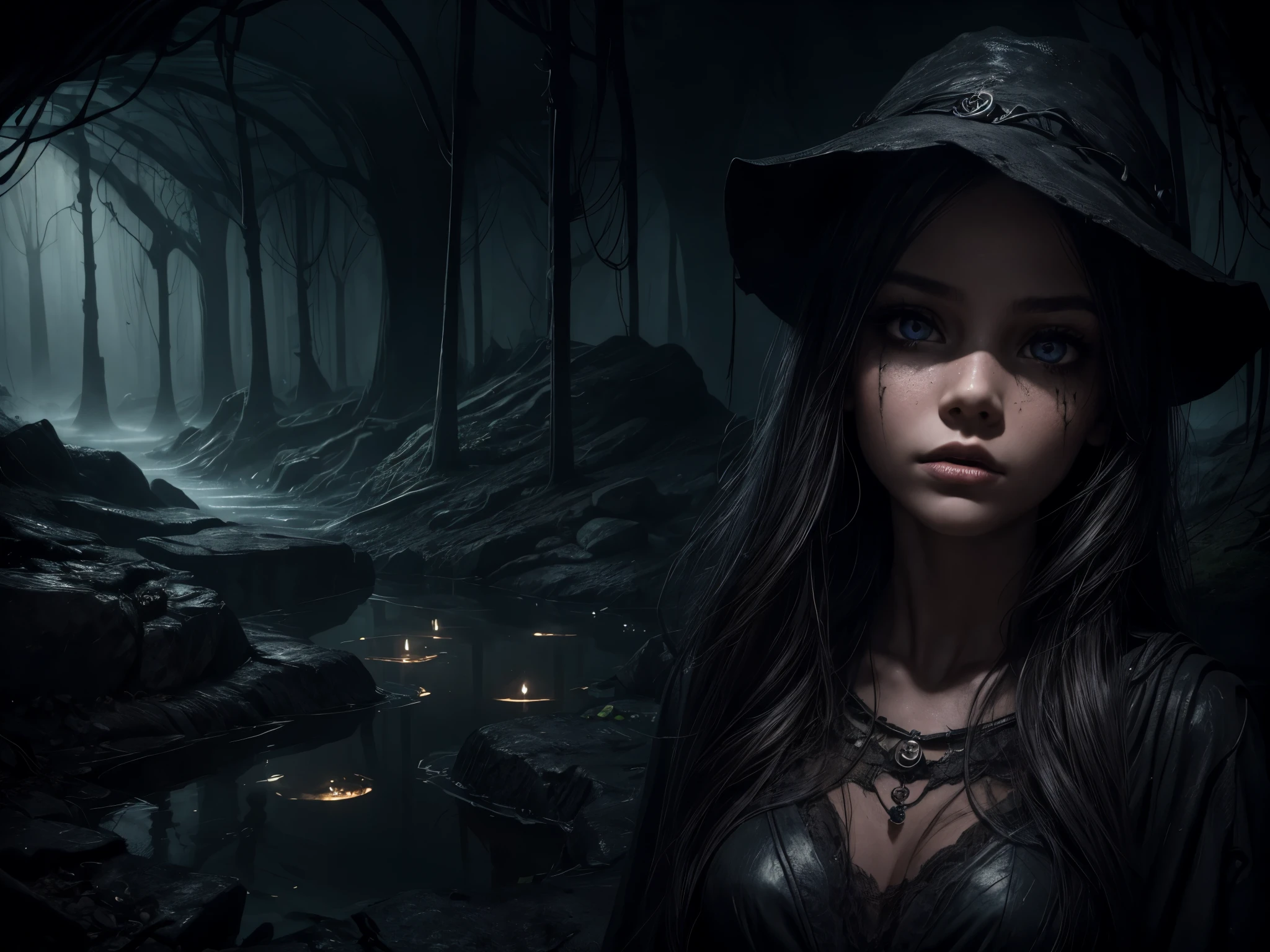 a girl lost in an underground maze,details of beautiful eyes,beautiful detailed lips,longeyelashes,skull,bats,a river flowing underground,illustration,highres,ultra-detailed,photorealistic,dark atmosphere,gloomy lighting,stone textures,mysterious shadows,spooky scenery,horror,subterranean,underground river,lit torches,damp walls,winding paths