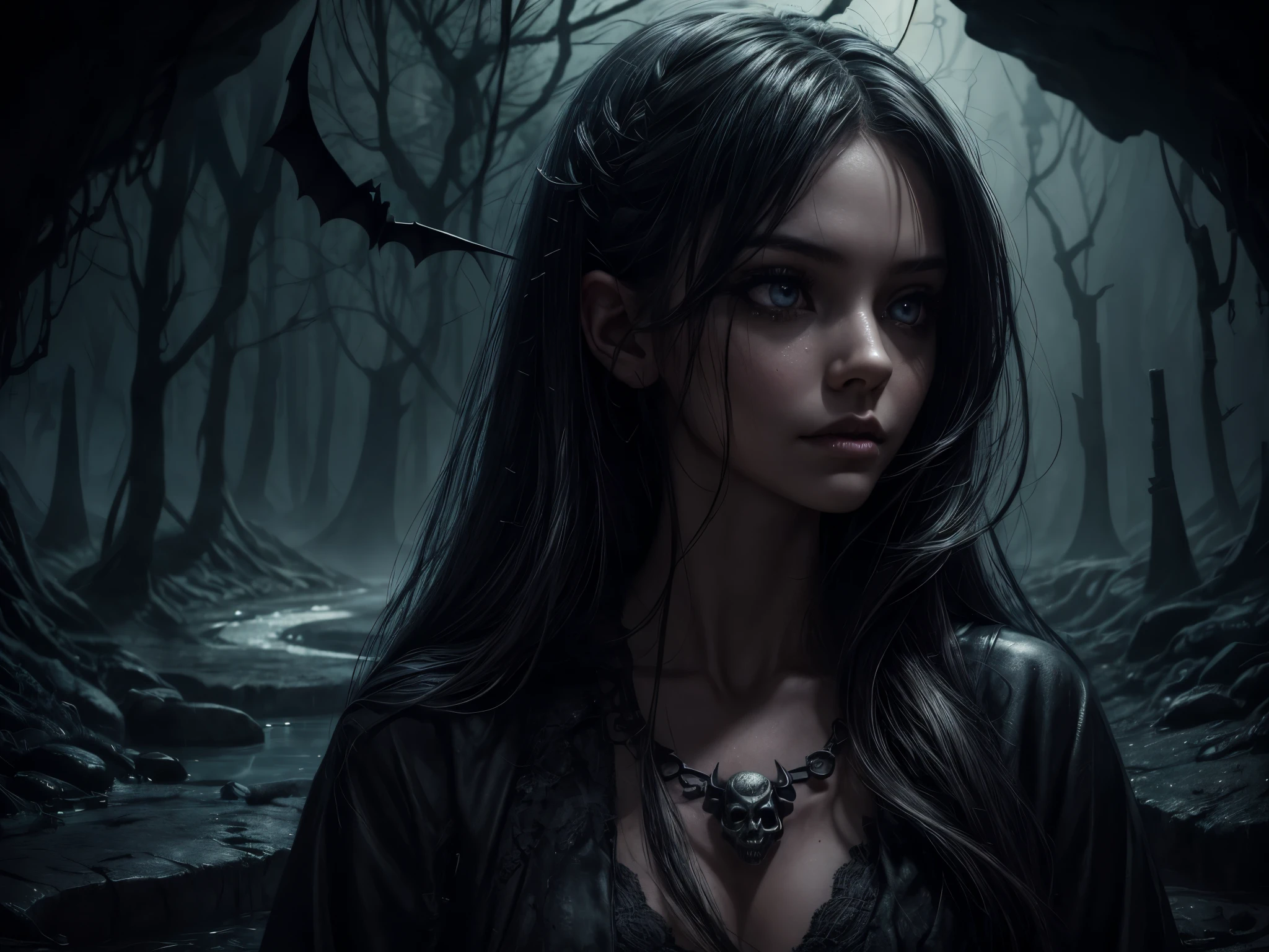 a girl lost in an underground maze,details of beautiful eyes,beautiful detailed lips,longeyelashes,skull,bats,a river flowing underground,illustration,highres,ultra-detailed,photorealistic,dark atmosphere,gloomy lighting,stone textures,mysterious shadows,spooky scenery,horror,subterranean,underground river,lit torches,damp walls,winding paths