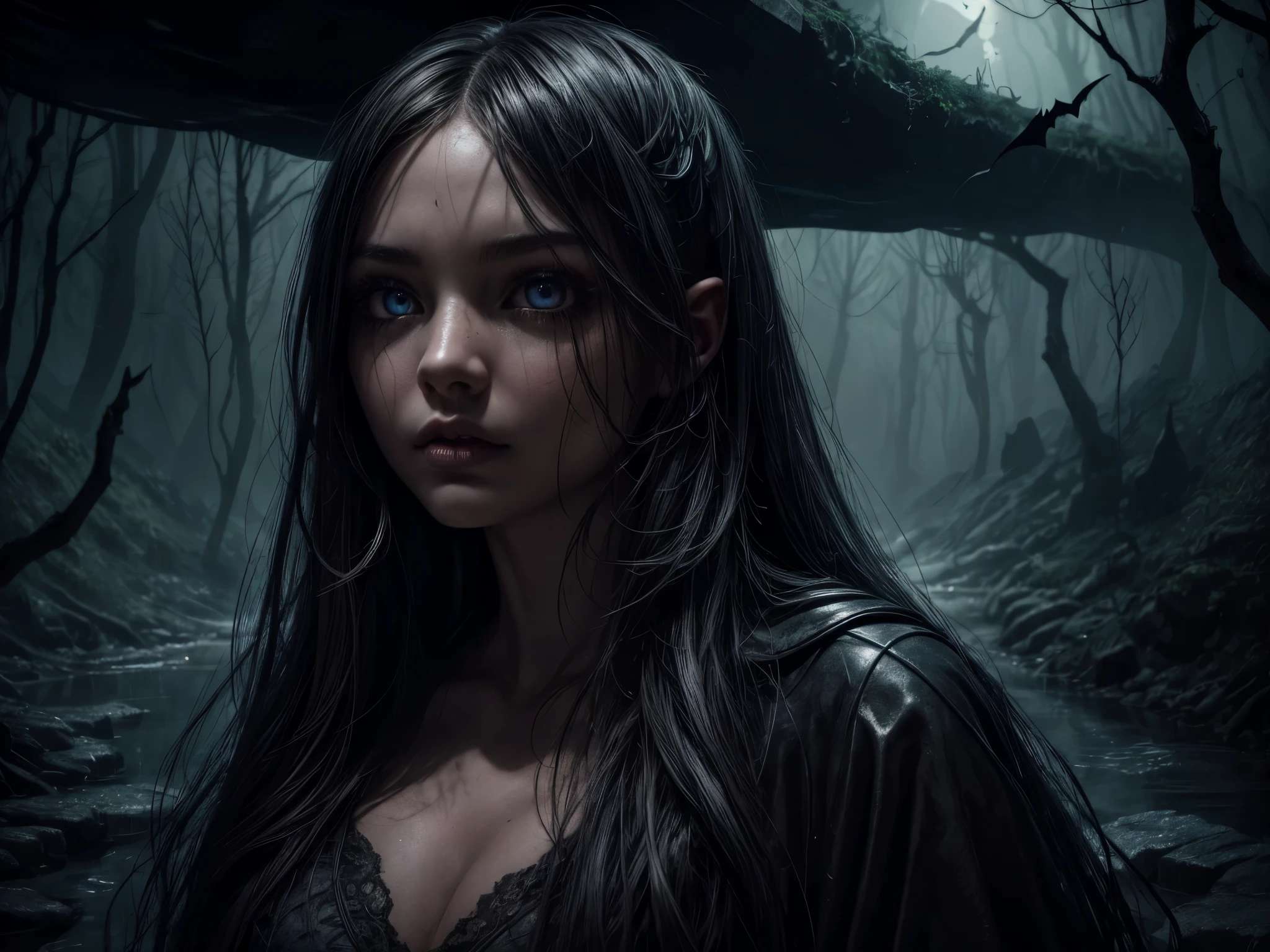 a girl lost in an underground maze,details of beautiful eyes,beautiful detailed lips,longeyelashes,skull,bats,a river flowing underground,illustration,highres,ultra-detailed,photorealistic,dark atmosphere,gloomy lighting,stone textures,mysterious shadows,spooky scenery,horror,subterranean,underground river,lit torches,damp walls,winding paths