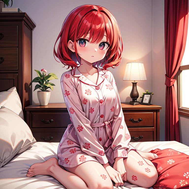 There is a woman sitting on bed wearing pink floral pajamas, Red-haired girl, beautiful red hair woman, red hair woman, young Red-haired girl, short bright red hair, red hair and attractive features, Anna Nikonova、Also known as New Milky, Red-haired girl, redhead, Beautiful woman, pose in bed, red head, With short red hair, pose in the room