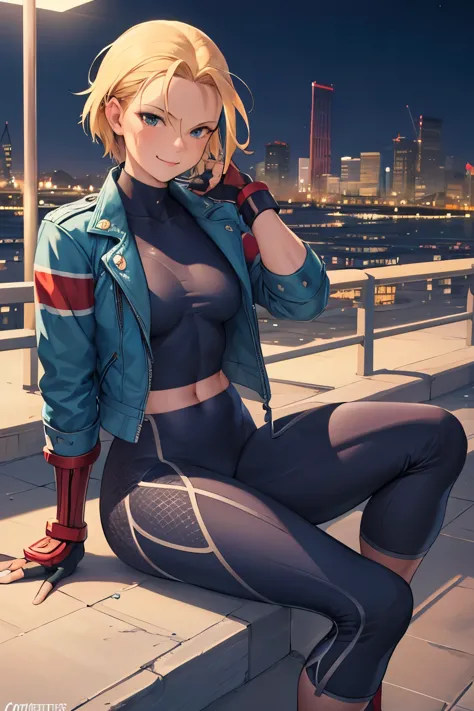 Cammy SF, pants, pants, Jacket, often play sports, short hair, sitting, highest quality, masterpiece, High resolution,view audie...