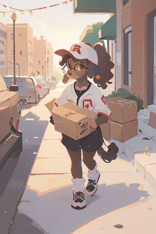 1girl, furry, anthro, canine, dog, poodle, female, dog_ears, sitting_on_couch, couch, kneeling, curly_hair, black_fur, brown_fur glasses, pushing handtruck full of boxes, delivery_driver, baseball_cap ponytail, walking on sidewalk, delivering package