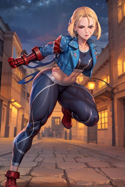 Cammy São Francisco, calça, calça, jaqueta, costuma praticar esportes, cabelo curto, mais alta qualidade, obra de arte, Alta resolução,ver público,Brilho,rua à noite,Ferida na bochecha esquerda,prontidão de combate,aura azul