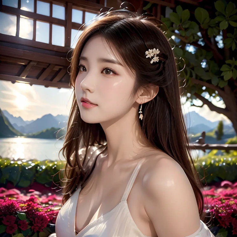 A girl with a half-covered mask stands on a flower field and looks up,, exquisite background, distant mountains, Tree BREAK making art, (Warm light source: 1.2), intricate details, Volumetric lightingBREAK (masterpiece: 1.2), (best quality), 4K, super detailed, (dynamic composition: 1.4), Rich in details, (luminescent, mood lighting), (alone: 1.2), Especially many details, fine hair, messy hair, Smile, Sunset, hanfu, antique style,