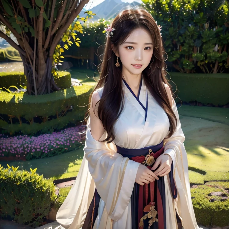 Une fille avec un masque à moitié couvert se tient sur un champ de fleurs et lève les yeux,, Fond exquis, montagnes lointaines, PAUSE dans les arbres pour faire de l&#39;art, (source de lumière chaude: 1.2), Détails complexes, Éclairage volumétriqueBREAK (chef-d&#39;œuvre: 1.2), (meilleure qualité), 4K, Super détaillé, (composition dynamique: 1.4), riche en détails, (luminescent, éclairage d&#39;ambiance), (seul: 1.2), surtout beaucoup de détails, cheveux fins, les cheveux en désordre, sourire, coucher de soleil, Hanfu, Antique style,