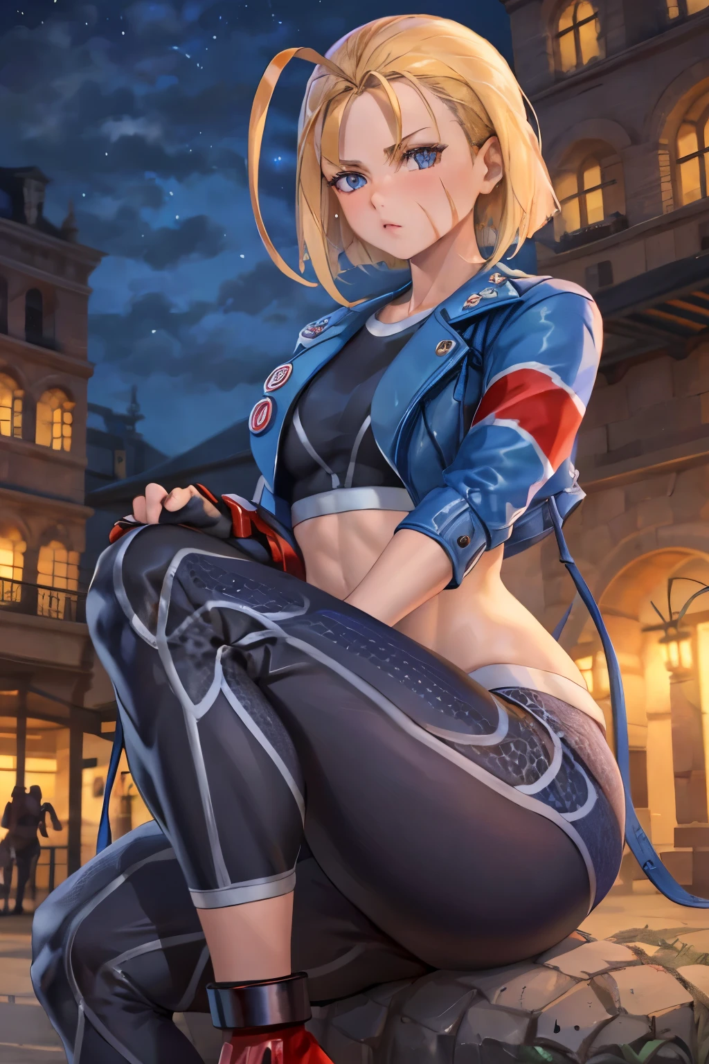 Cammy SF, pants, pants, Jacket, often play sports, short hair, sitting, highest quality, masterpiece, High resolution,view audience,glare,Street at night,Wound on the left cheek,combat readiness