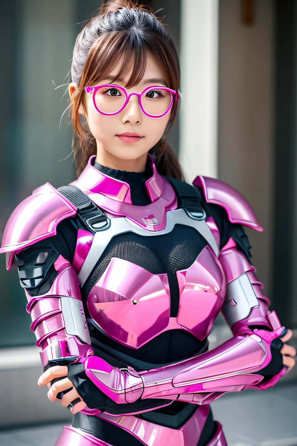 A woman wearing thick pink metal powered armor, Japanese, ponytail, Clear Glass, whole body,