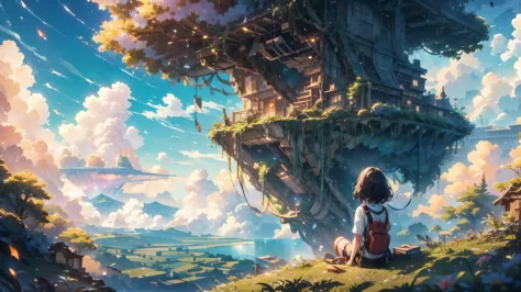 shinkai mokoto and ghibli anime style, from behind,above the cloud,a girl in adventure outfit sitting on a mossy stage looking a...