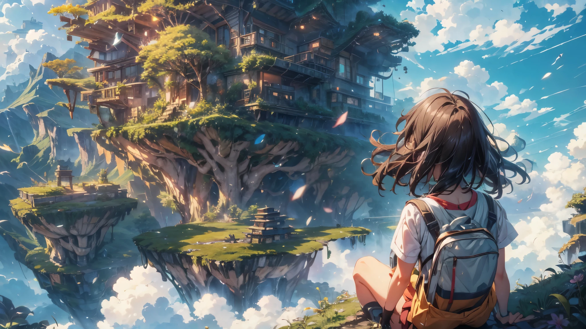 shinkai mokoto y ghibli estilo anime, desde atrás,encima de la nube,una chica vestida de aventura sentada en un escenario cubierto de musgo mirando la majestuosa ciudad perdida y el árbol gigante del mundo al lado, lost city encima de la nube and towering sky, partícula brillante mágica, vibrante cielo colorido de ensueño y nubes esponjosas, Libros, manzana, anteojos, calma,pétalo,pelo que sopla el viento,ellos son