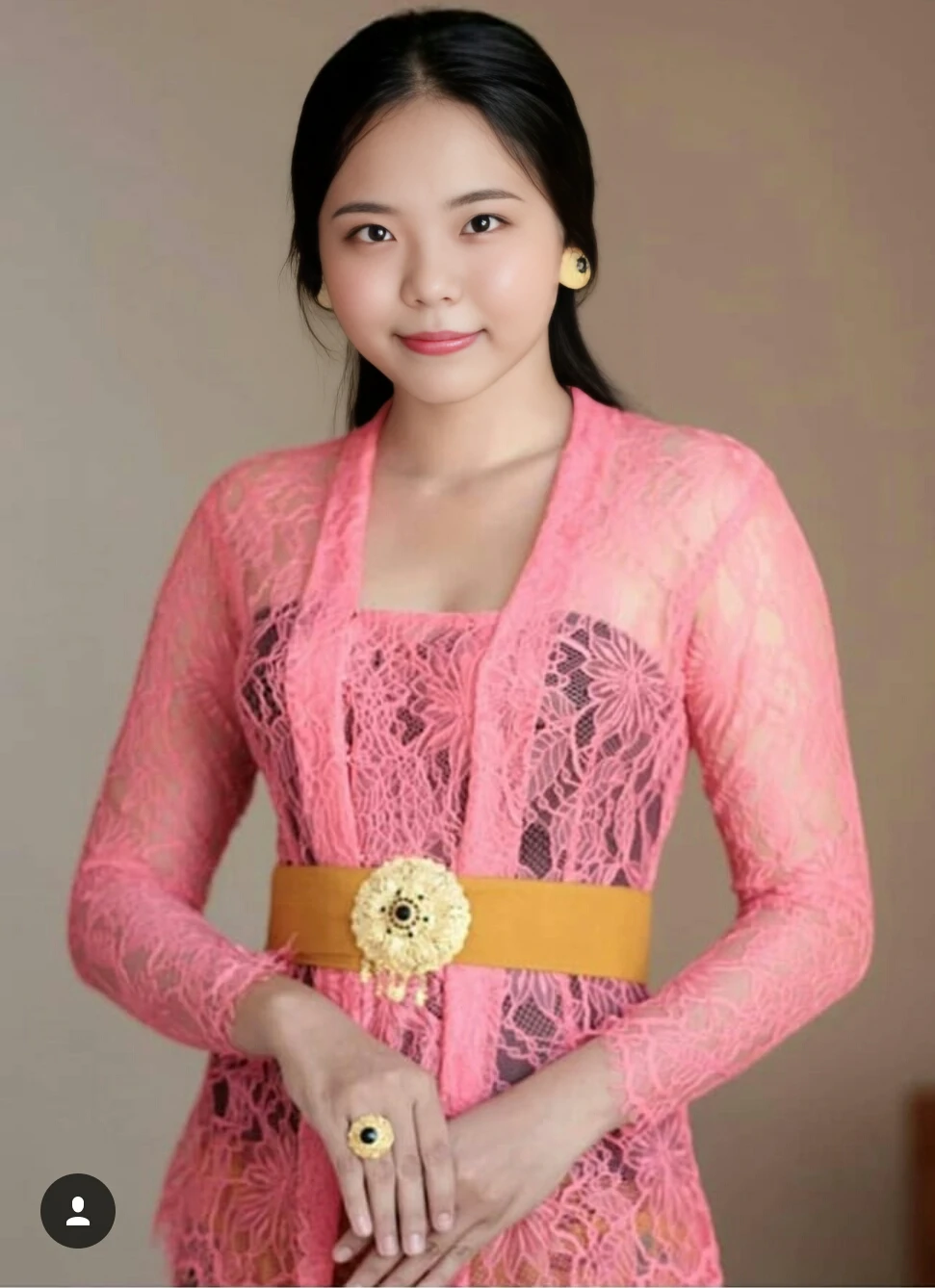 photography, woman,  portrait of woman wearing kebaya_bali in black long kebaya dress traditional, red lipstick, golden necklace, earrings, ornate, detail, flowers, blurry background, soft focus,((Full Body)),(cute face:1.5), (huge breasts:1.1),high-heels, ((big hips)), medium thighs,((dimple)),
