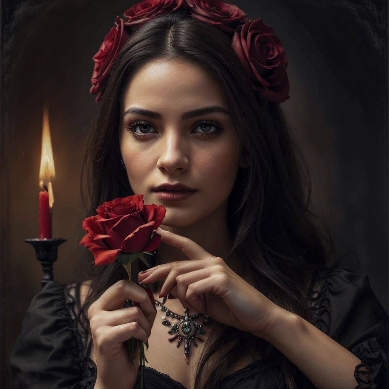 (best quality,4k,8k,highres,masterpiece:1.2),ultra-detailed,(realistic,photorealistic,photo-realistic:1.37),mano de mujer,centered,holding a red rose,fading petals,gothic style,oil painting,dark vibrant,subtle blood details,small flame of fire,main focus on the hands