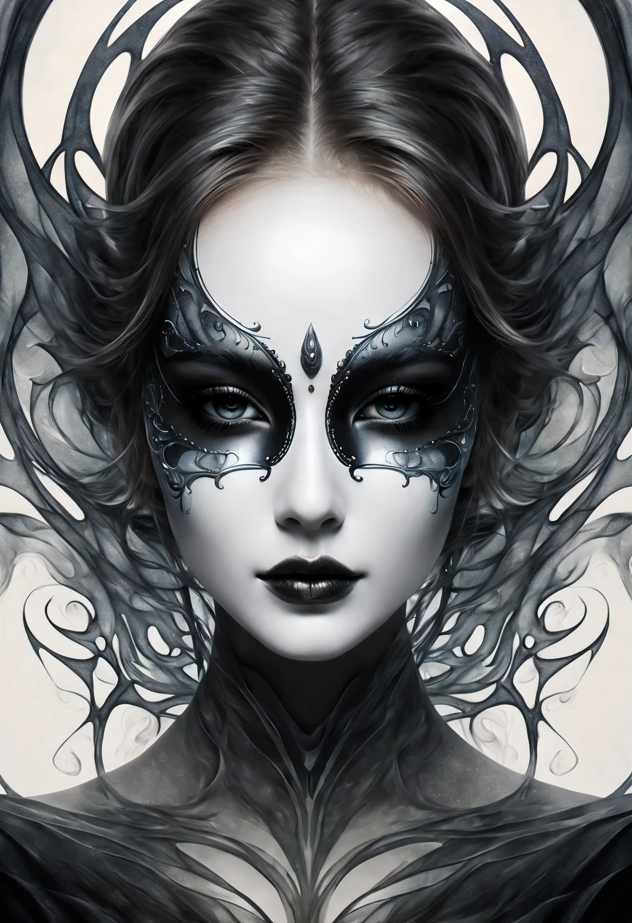 la plus haute qualité, peinture numérique, extremely lisse, fluides, onirique, lisse, Pétillant, onirique glow, Art d'encre de couleur stylisé par Anna Dittmann, Arthur Rackham, Wet black and white color inks line art onirique feminine face mask, Masque de mort, upper half of mask frontal with lisse ceramic plastic surface, illustration sur toile noire, Style fractal, ((masque flottant)), ((Masque uniquement)),centre de cursive， symétrie， Modificateur 4K: 4K3D