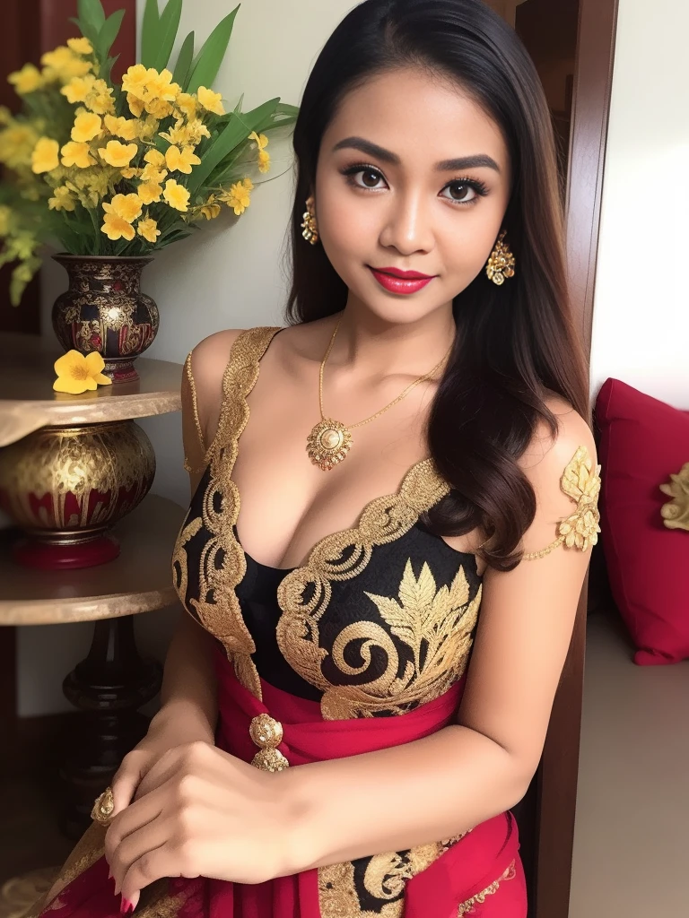 (Best quality, high resolution, Masterpiece: 1.3), a beautiful woman with a slender figure, (dark brown layered hairstyle), wearing a pendant, ((kebaya_bali)) outdoors, scenic beauty, Ambara Raja Lion Statue with a distant background, details in face and skin texture beautifully rendered, details eyes, (best quality, high resolution, masterpiece: 1.3), a beautiful woman with a slim figure, (dark brown layered hairstyle),((kebaya_bali)), outdoors, background random, details in face and skin texture beautifully rendered, detail eyes, double eyelids, seductive laugh, feminine laugh, seductive pose