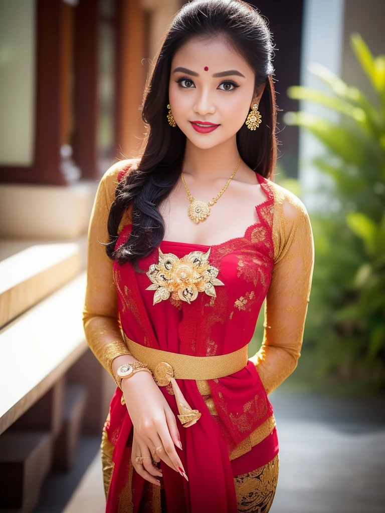 (Best quality, high resolution, Masterpiece: 1.3), a beautiful woman with a slender figure, (dark brown layered hairstyle), wearing a pendant, ((kebaya_bali)) outdoors, scenic beauty, with the background of traditional ceremonies, details in face and skin texture beautifully rendered, details eyes, (best quality, high resolution, masterpiece: 1.3), a beautiful woman with a slim figure, (dark brown layered hairstyle),((kebaya_bali)), outdoors, with the background of traditional ceremonies, details in face and skin texture beautifully rendered, detail eyes, double eyelids, seductive laugh, feminine laugh, seductive pose