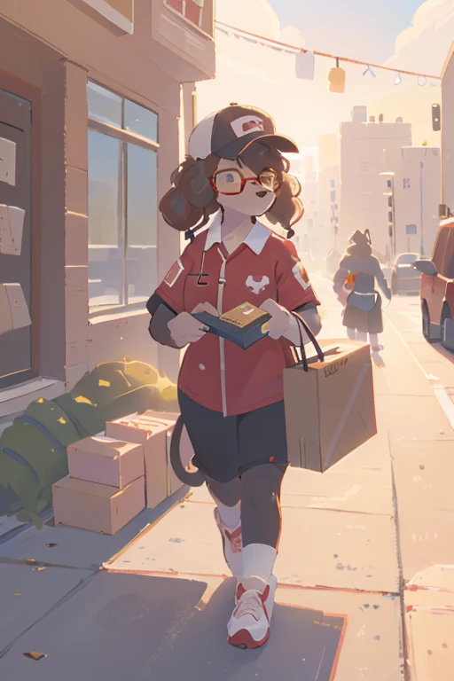 1girl, furry, anthro, canine, dog, poodle, female, dog_ears, curly_hair, black_fur, brown_fur glasses, pushing handtruck full of boxes, delivery_driver, baseball_cap ponytail, walking on sidewalk, delivering package, tired, red_uniform