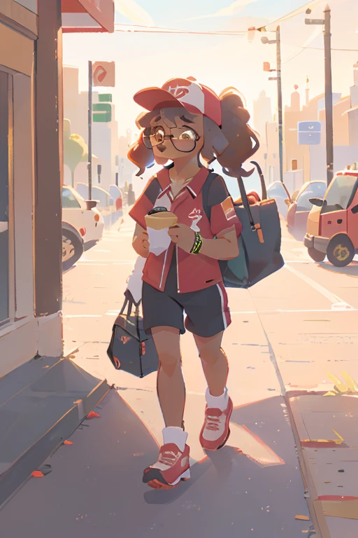 1girl, furry, anthro, canine, dog, poodle, female, dog_ears, curly_hair, black_fur, brown_fur glasses, delivery_driver, baseball_cap ponytail, walking on sidewalk, delivering package, tired, red_uniform, scooter, red_bag