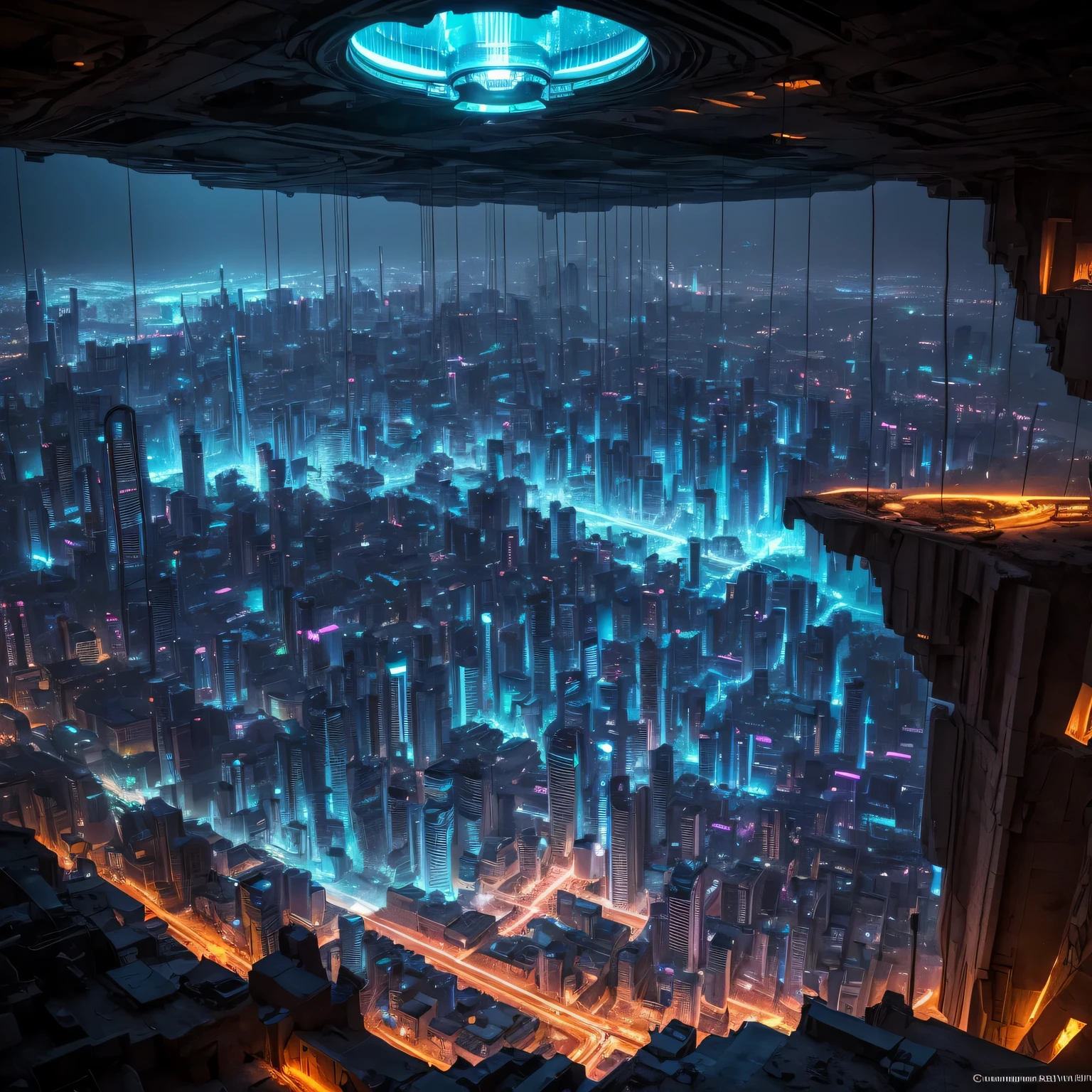 地下場所, 地下深處一個巨大的洞穴裡矗立著另一個文明的高科技城市.., 霓虹燈和照明, 發光電纜和光導, 機器人和高科技外星技術是可見的, 飛行汽車盤旋在城市上空, 光的組合, 鍍鉻和奇妙的技術, 外星城市, 從100公尺高空俯瞰城市, emphasis on 地下場所, 昏暗的灯光, 暮, 超寫實, 為國際地下展覽廢棄場所進行專業攝影, 佳能 EOS 6D Mark II RF 14-35mm F4L IS USM