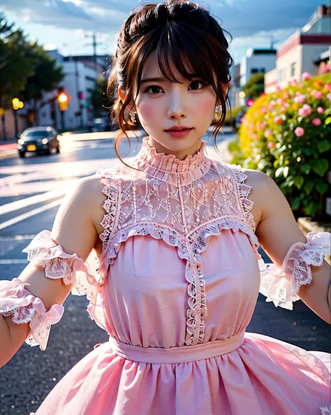 a woman posing on the street corner with pink dress on, highest quality, High resolution, 8K, 1 girl, (huge breasts), Day, brigh...