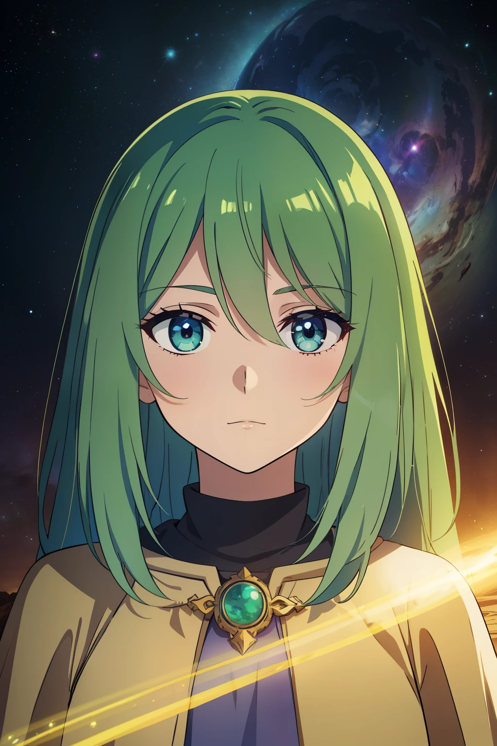 (high-quality, breathtaking),(expressive eyes, perfect face) 1female, female, solo, short height, young teenager age, long length hair, blue and green hair color, multi-coloured hair, unkept hair, earthy colored eyes, kind expression, warm soft smile, cloak, shirt, fantasy mage clothing, adventurers attire, Earth planet, Tellus Mater Roman God of the Earth, space background, portrait, upper body, magic, stylized hair