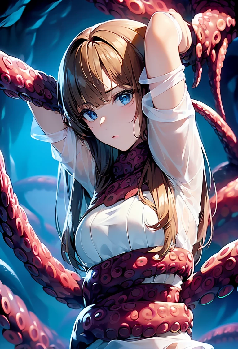 ((masterpiece)), ((best quality)), (ultra-detailed),(in the cave),(monster),(((many tentacles wrap arotnd the body))),a cute girl, 1girl, solo, (white girly dress),((many tentacles bound arms)), ((thin waist)),large breast, slim, slender,beautiful brown hair, beautiful blue eyes, (beautiful eyes), long hair,troubled expressio