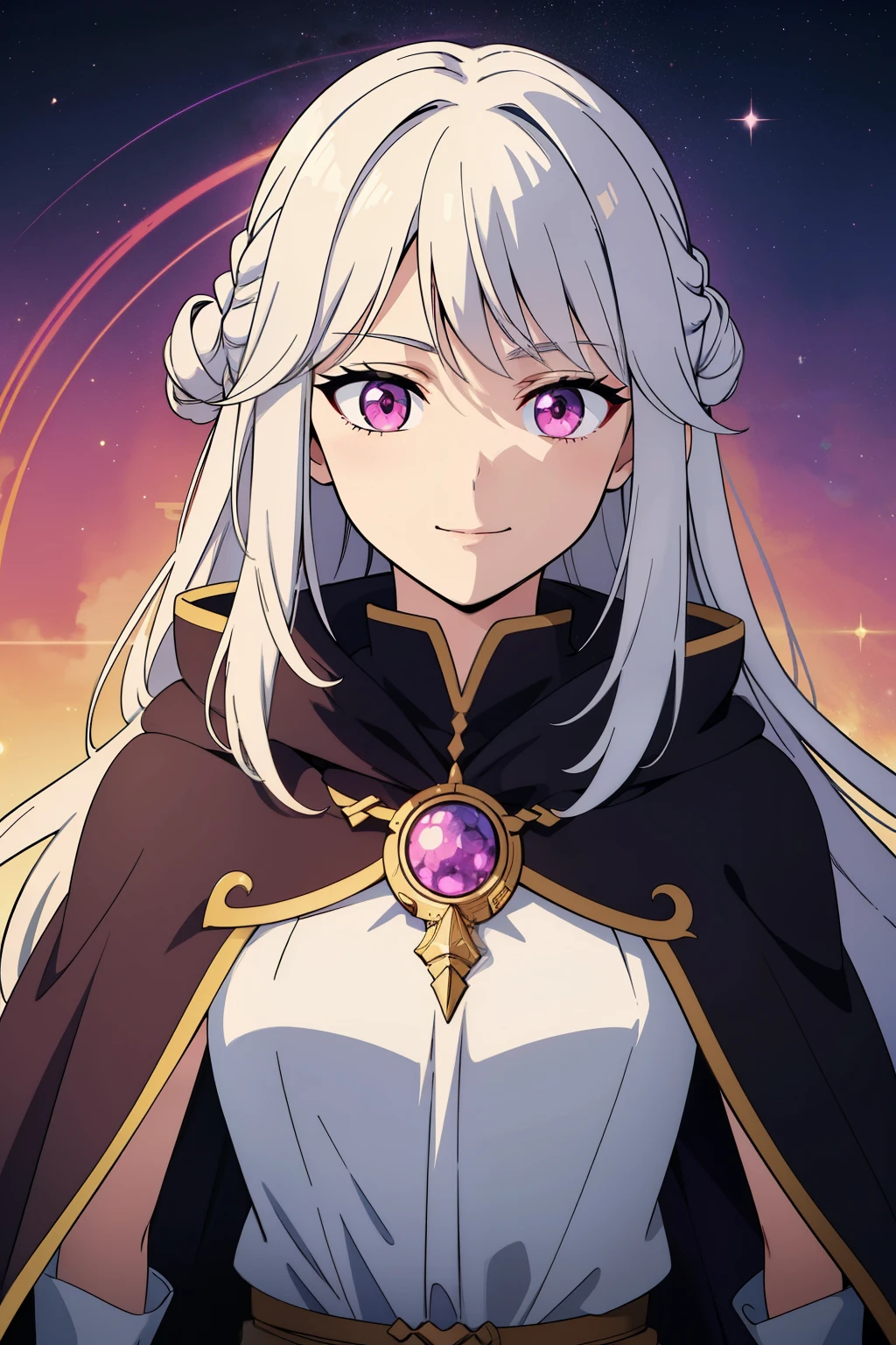 (high-quality, breathtaking),(expressive eyes, perfect face) 1female, female, solo, short height, young teenager age, long length hair, white hair color, glowing hair, unkept hair, pink eyes, kind expression, smiling, warm soft smile, cloak, shirt, fantasy mage clothing, adventurers attire, Venus planet, Venus Roman God of the Love, space background, portrait, upper body, magic, flower in hair, gorgeous flowy wavy hair, tied back hairstyle
