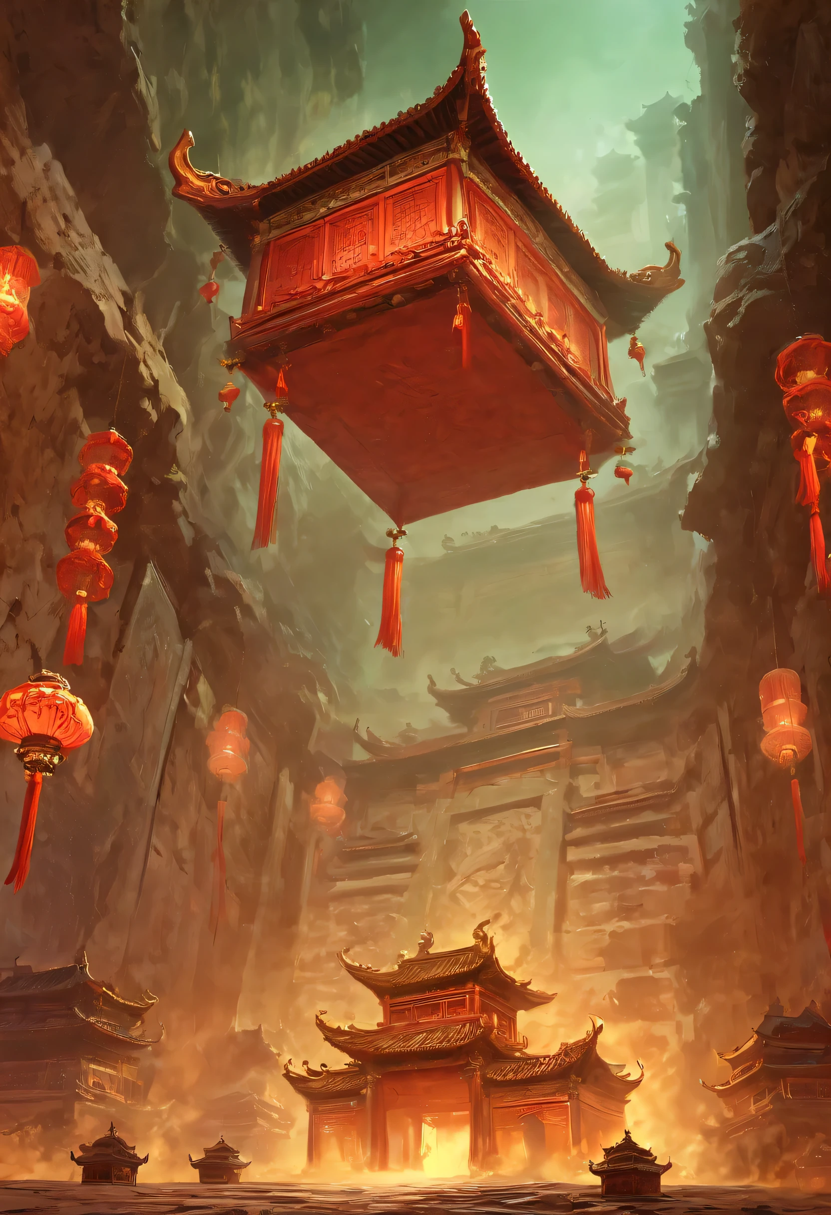 подземная гробница：1.37.（（（神秘的东方подземная гробница，подземная гробница，Великолепный и просторный величественный пейзаж））），Красный седан завис в воздухе，Китайский седан，Тусклый свет，каменные стены с замысловатой резьбой，Таинственная атмосфера пугает，сверхъестественные силы。
