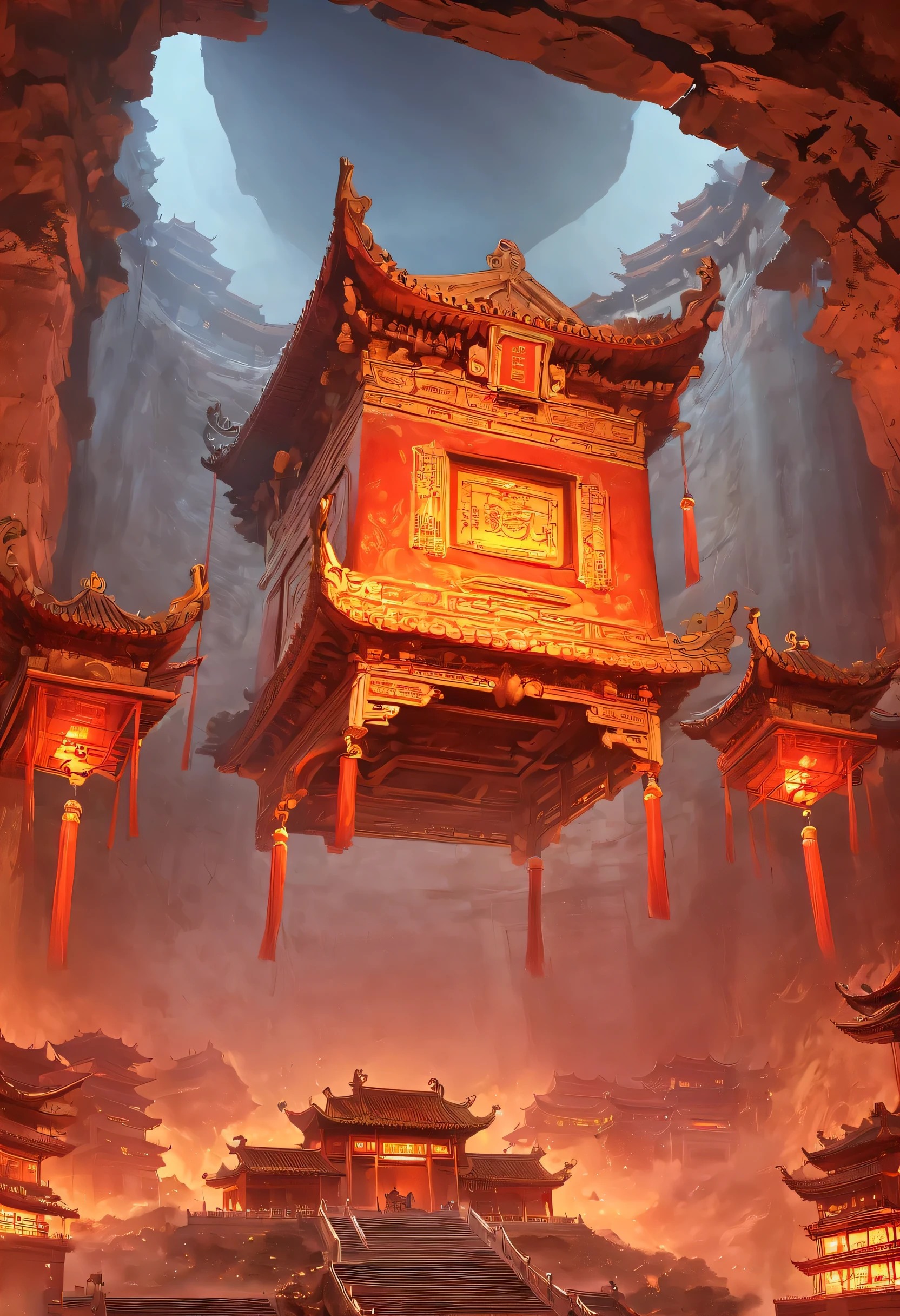underground tomb：1.37.（（（Mysterious Oriental Underground Tomb，underground tomb，Magnificent and spacious majestic landscape））），Red sedan suspended in the air，Chinese sedan，dim lights，intricately carved stone walls，The mysterious atmosphere is scary，Supernatural powers。
