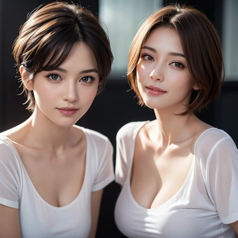 highest quality, ultra high resolution, (realistic: 1.4), beautiful eyes, super beautiful, short hair, beautiful breasts, spouse, T-shirt with rough chest, Eyes that invite the viewer, spouse's eyes, Invite facial expressions, sexy smile, perfect style, perfect balance, fine skin, Naughty eyes, I can see your chest