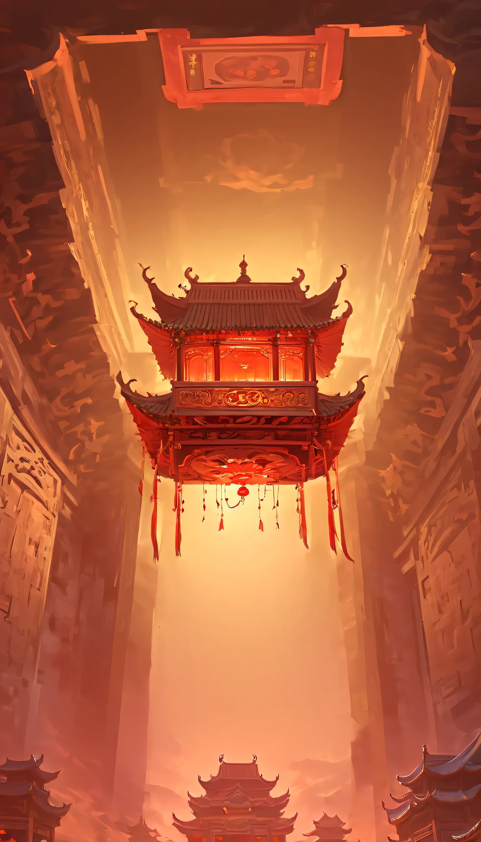 underground tomb：1.37.（（（神秘的东方underground tomb，underground tomb，Magnificent and spacious majestic landscape））），Red sedan suspended in the air，Chinese sedan，dim lights，intricately carved stone walls，The mysterious atmosphere is scary，Supernatural powers。
