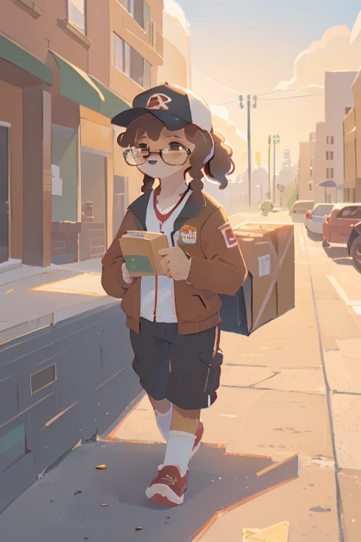 1girl, furry, anthro, canine, dog, female, dog_ears, curly_hair, black_fur, brown_fur glasses, delivery_driver, baseball_cap ponytail, walking on sidewalk, delivering package, tired, brown_uniform, brown box_truck, amazoo