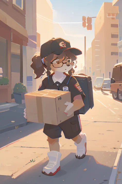 1girl, furry, anthro, canine, dog, female, dog_ears, curly_hair, black_fur, brown_fur glasses, delivery_driver, baseball_cap pon...