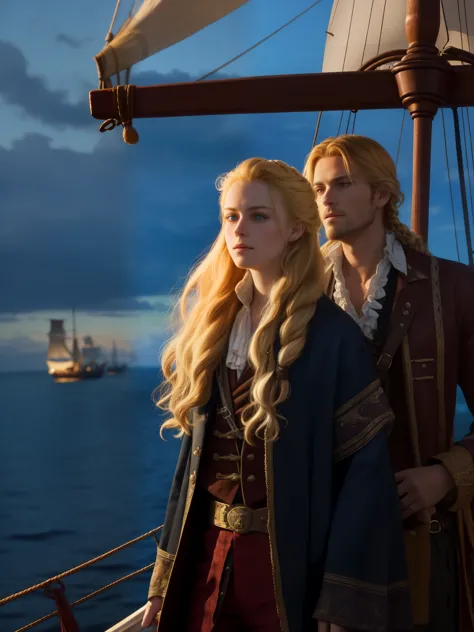 a young male pirate and a young girl stand on a sailing ship, (20-25 years), the girl has long blonde hair, the man has dark hai...