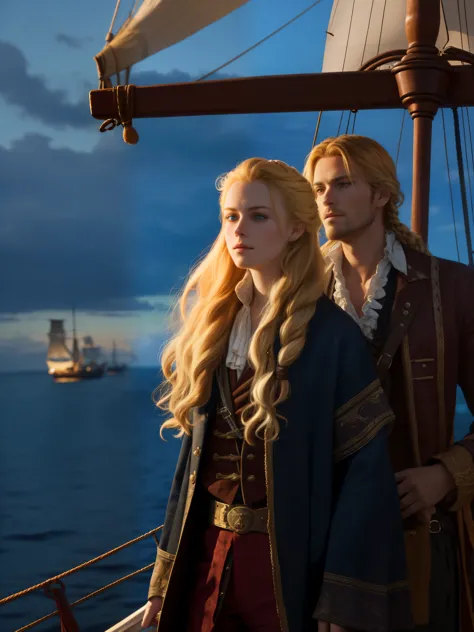 a young male pirate and a young girl stand on a sailing ship, (20-25 years), the girl has long blonde hair, the man has dark hai...