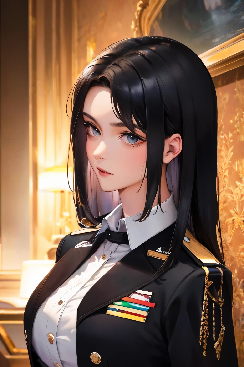 (highest resolution, distinct_image) best quality, woman, masterpiece, high detail, semi-realistic, short black hair, black hair, bangs, 21 years old, shoulder-length hair, mature, young, black clothes, black uniform, military academy beauty heroic heroic posture interior background exquisite and exquisite facial features