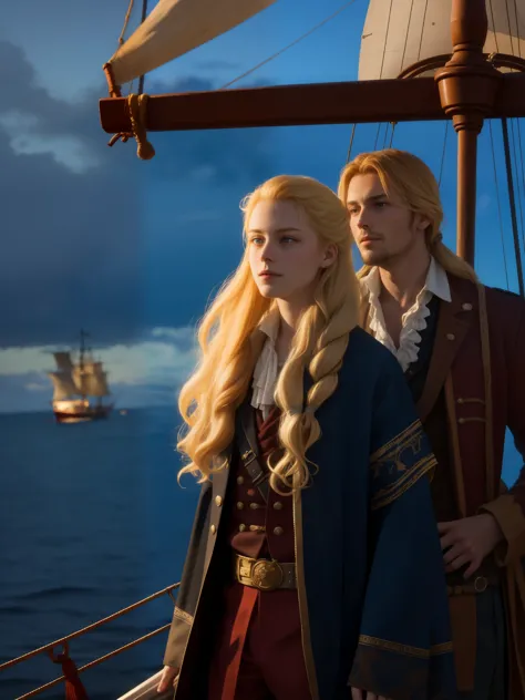 a young male pirate and a young girl stand on a sailing ship, (20-25 years), the girl has long blonde hair, the man has dark hai...