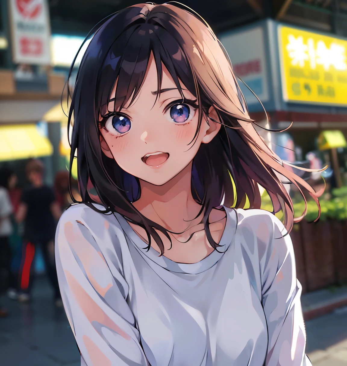 Anime girl with long hair and blue eyes standing on the city street, anime style 4k, Beautiful anime portrait, Anime cute art style, Portrait anime girl, cute anime girl portrait, cute anime girl, Anime visual of a cute girl, pretty anime girl, cute anime girl portraits, portrait of cute anime girl, anime style portrait, beautiful anime girl