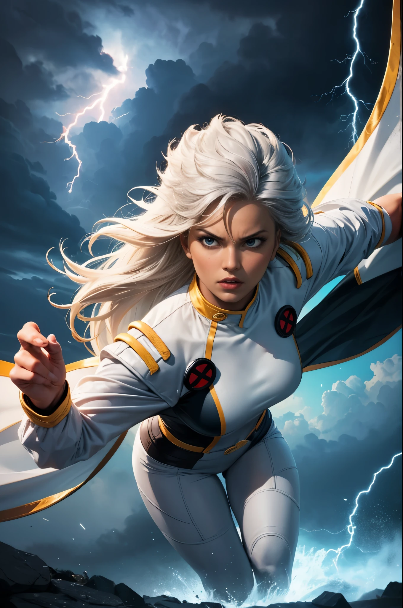 best quality,highres,ultra-detailed,realistic:1.37,professional,dynamic,action shot,storm character art,storm from the X-Men,storm conjuring lightning,storm with flowing white hair,storm with intense gaze,storm in a powerful pose,strong facial features,storm's iconic cape,storm surrounded by storm clouds,storm with dramatic lighting,storm's eyes glowing white,storm's lightning powers crackling,storm with an intense expression,storm with a determined look,storm wearing her classic costume,storm floating in the air,storm with winds swirling around her,storm creating a thunderstorm,storm casting lightning bolts,storm's cape billowing in the wind,storm with a fierce and confident posture,vivid colors,bokeh,portrait