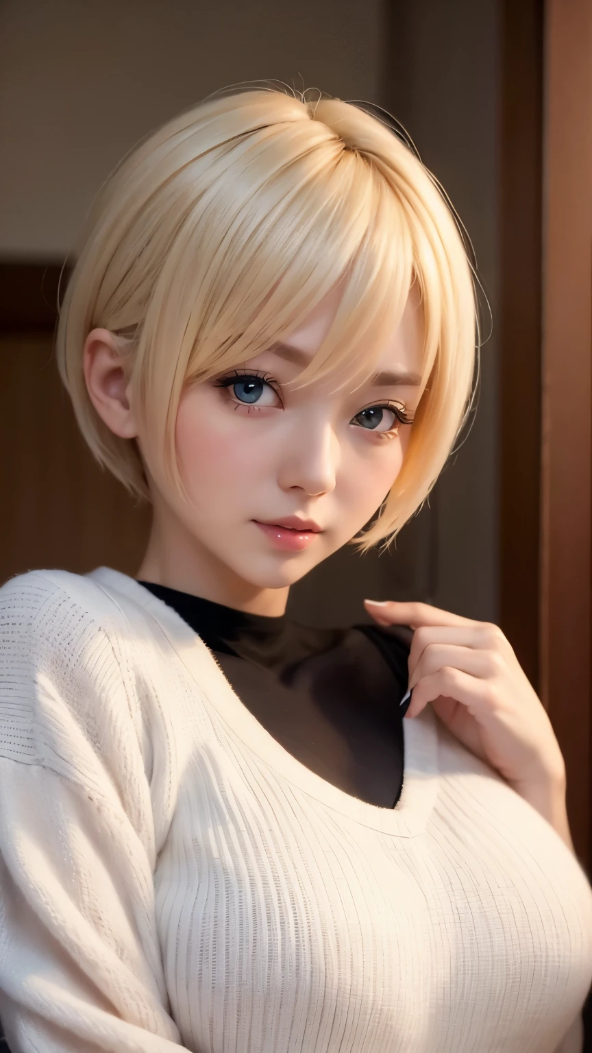 white sweater　big breasts　mature woman　blonde　short hair　japanese idol　winter night highway　upper_body close-up　blushing cheeks　Dating atmosphere