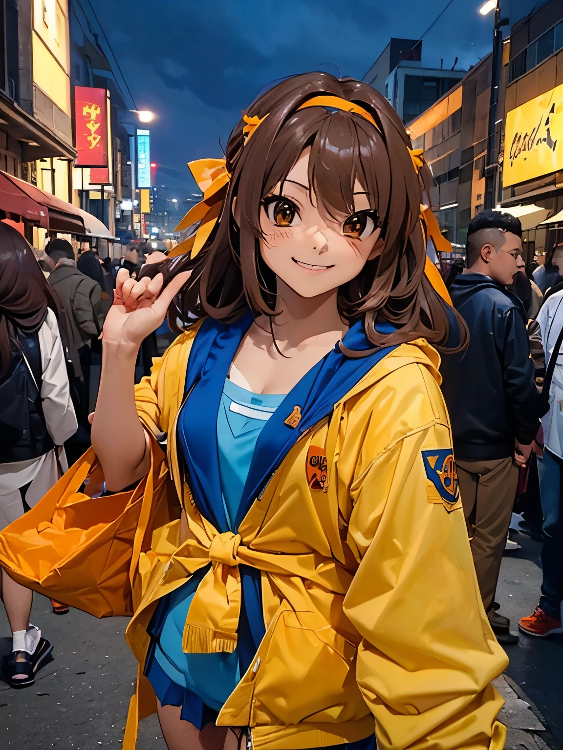 ((( obra de arte ))) ((( fundo = Conferência de cosplay : à noite  : Superlotado  ))) ((( personagem = Garota : Tzuyu : corpo em forma : fazendo cosplay de Suzumiya Haruhi : sorrindo : com outras pessoas )))