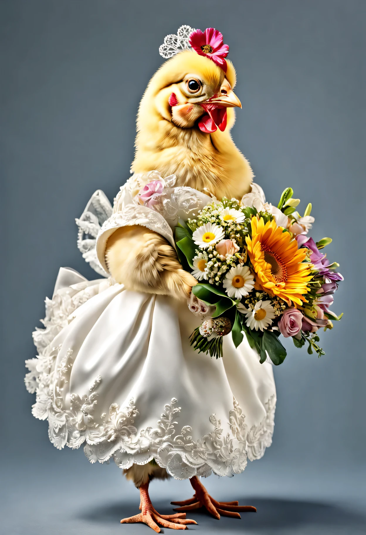 A close up of a chicken dressed in a wedding dress holding a