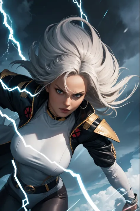 best quality,highres,ultra-detailed,realistic:1.37,professional,dynamic,action shot,storm character art,storm from the X-Men,sto...