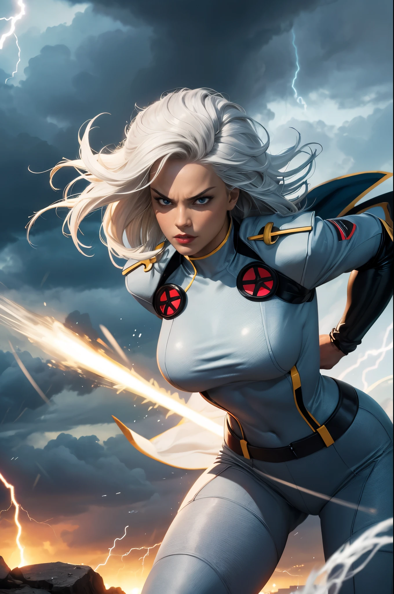 best quality,highres,ultra-detailed,realistic:1.37,professional,dynamic,action shot,storm character art,storm from the X-Men,storm conjuring lightning,storm with flowing white hair,storm with intense gaze,storm in a powerful pose,strong facial features,storm's iconic cape,storm surrounded by storm clouds,storm with dramatic lighting,storm's eyes glowing white,storm's lightning powers crackling,storm with an intense expression,storm with a determined look,storm wearing her classic costume,storm floating in the air,storm with winds swirling around her,storm creating a thunderstorm,storm casting lightning bolts,storm's cape billowing in the wind,storm with a fierce and confident posture,vivid colors,bokeh,portrait