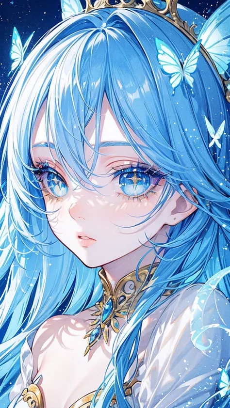 A blue and yellow colour eyes, sparkling eyes, eye makeup, long eyelashes, blue hair, hair floting in air,  nose, puffy lips, gl...
