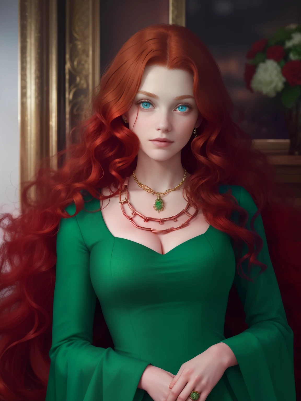 girl with copper-red hair, (20 years), large curls, Blue eyes, in a green dress, looks directly at the viewer, Around the neck is a gold chain, Beautiful face, portrait, masterpiece, Highest quality. As realistic as possible, 