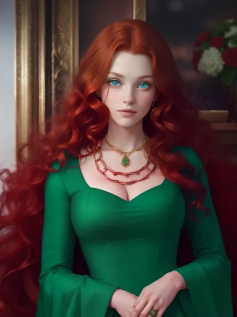 girl with copper-red hair, (20 years), large curls, blue eyes, in a green dress, looks directly at the viewer, around the neck i...