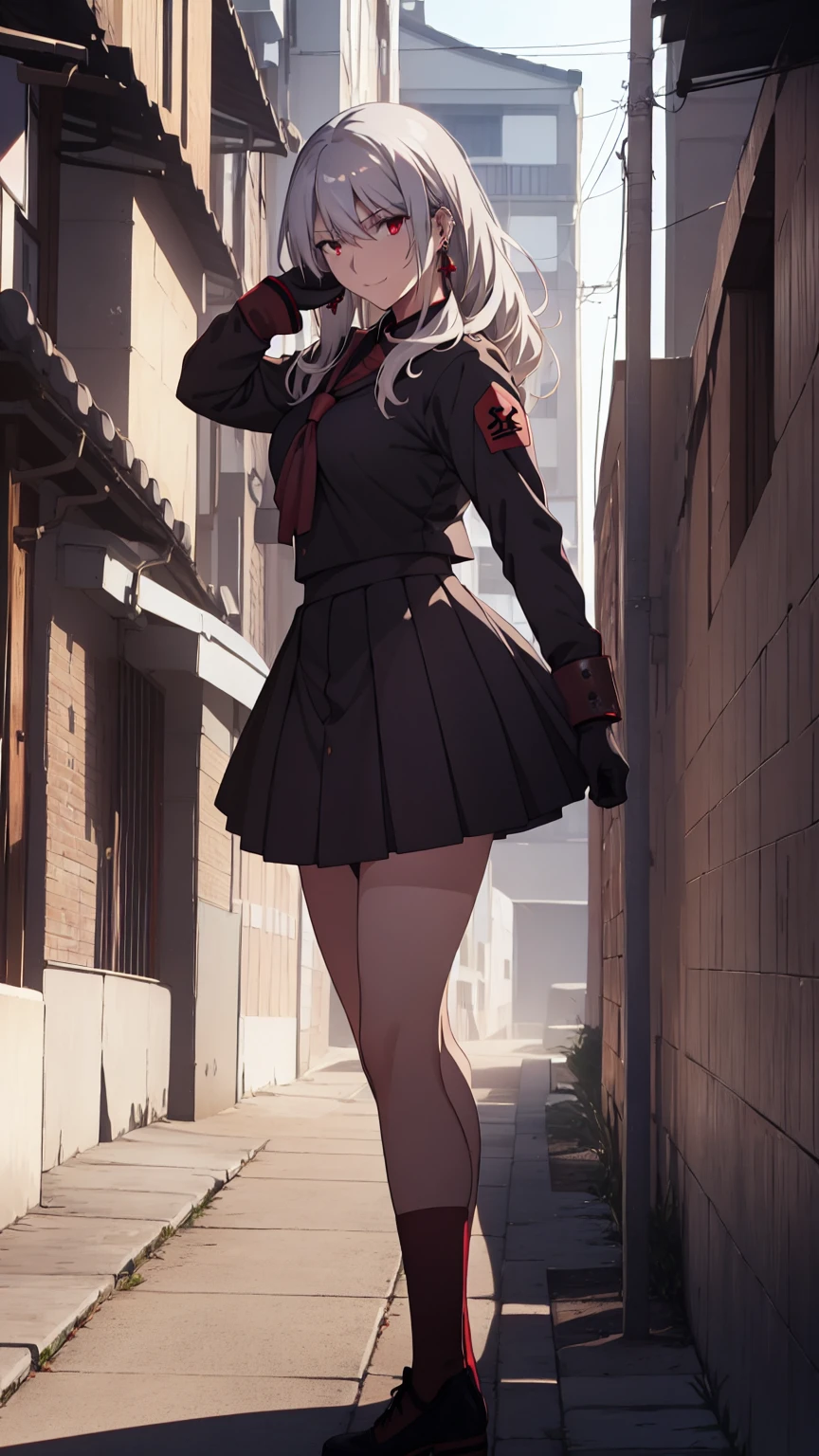 sukeban illyasviel_von_einzbern, mature_female, silver hair, holding yoyo, combat pose, full body, flowing hair, hair between the eyes, asymmetrical hair, red eyes, delicate facial features, sukeban deka clothe, looking_at_viewer, outdoors, background tokyo, ((solo girl:1,5))+++++,woman in a 80's sukeban seifuku standing on a set of strees, black , 80's japanese sukeban photo, sukeban seifuku,  80's japan, sukeban, long black skirt, red converse, full body, light skin tone female, full body, tape, arm_support, gloves, red_gloves, bridal gauntlets, blackred_footwear, fighter outfit, full body, hourglass, mature face, cheeky smile, cheeky face, wrinkles,( silver long hair, earrings, ear piercings), realistic, (fighting art, Martial arts, standing, fighting_stance, fight, fighting), extra colors, 2D, megapixel, perfectionism, accent lighting, full HD , 4K, masterpiece, empty red eyes